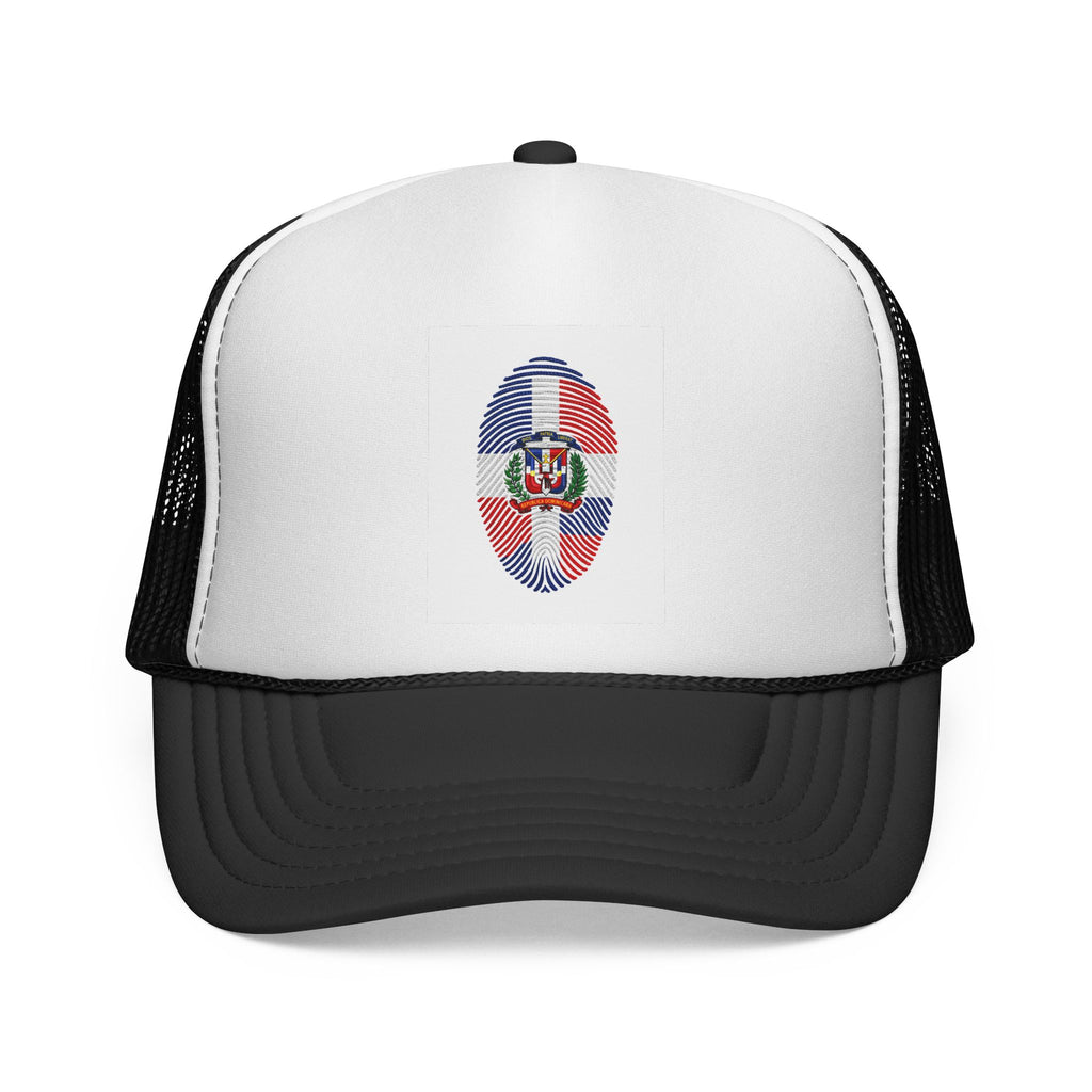 Dominican Republic Fingerprint Flag Trucker Cap | Red Blue Mesh