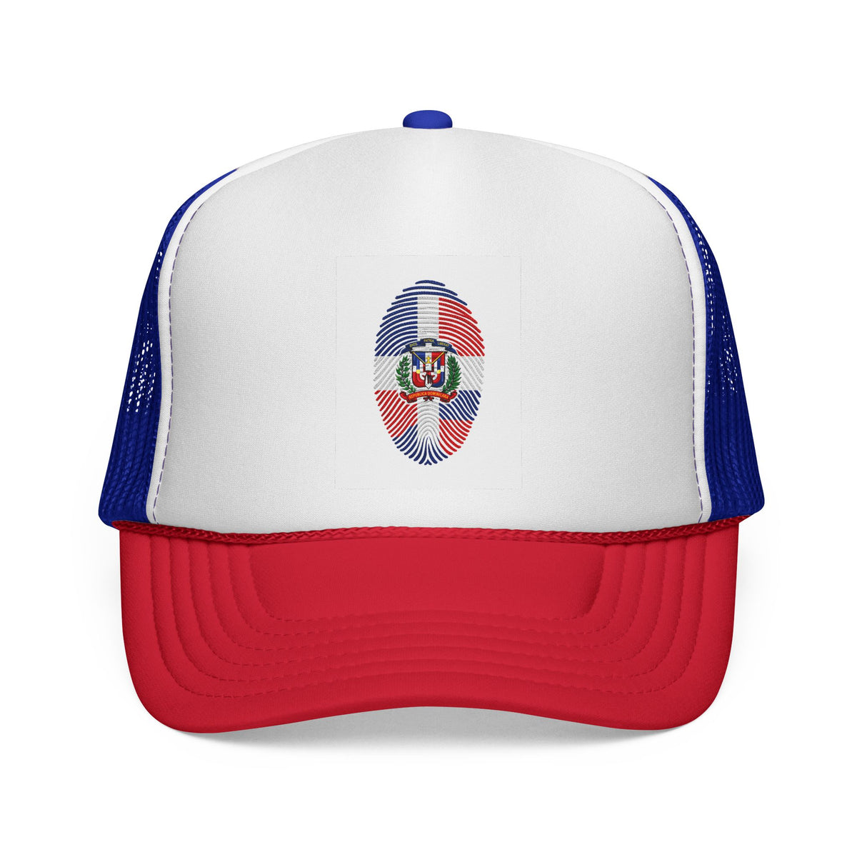 Dominican Republic Fingerprint Flag Trucker Cap | Red Blue Mesh